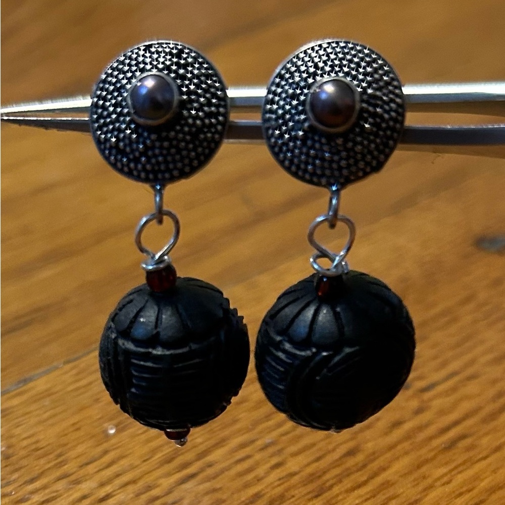 Cinnabar, Pearl and Garnet Earrings